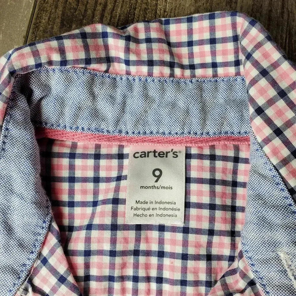 Carter's Baby Boy Size 9m Pink and Blue Plaid 100% Cotton Button Down Shirt